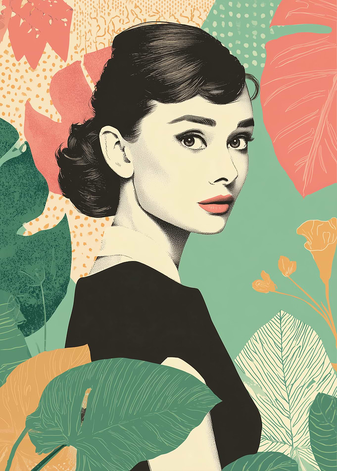 Audrey Hepburn Portrait with Tropical Foliage