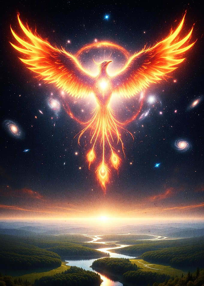 Fiery Phoenix Rising Over Landscape