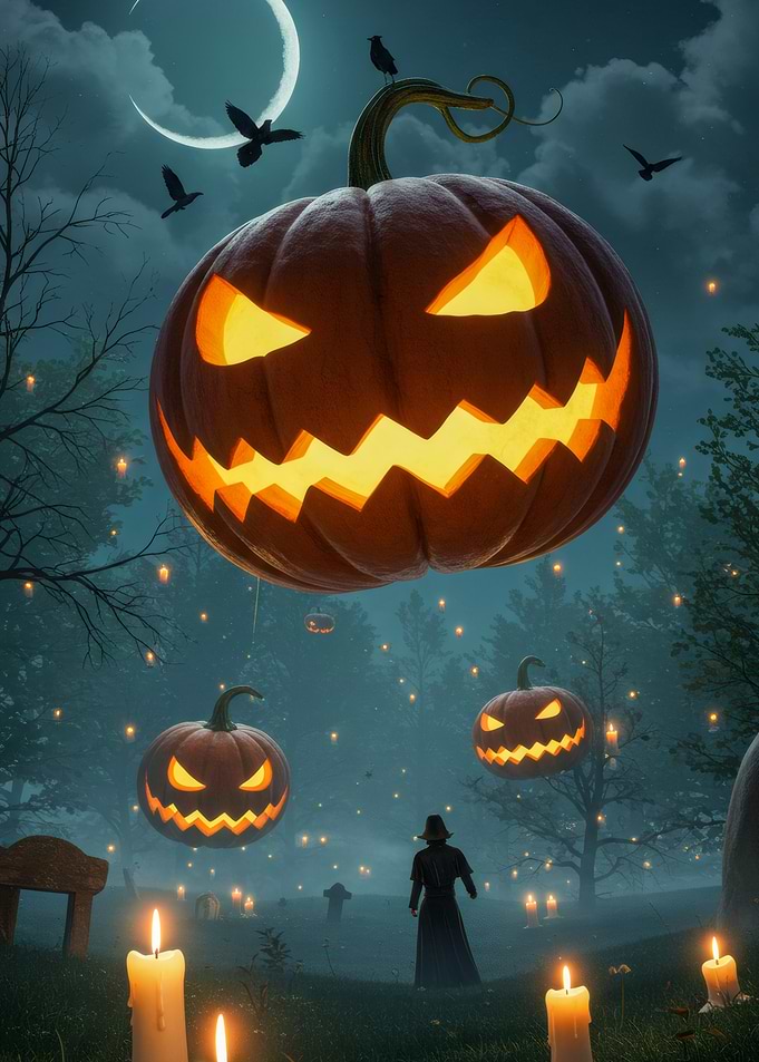 Halloween Night with Floating Pumpkins
