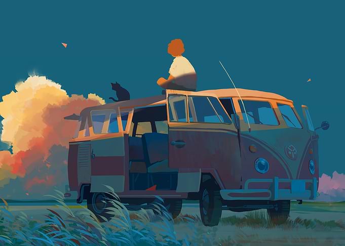 Vintage Van with Figure and Cat