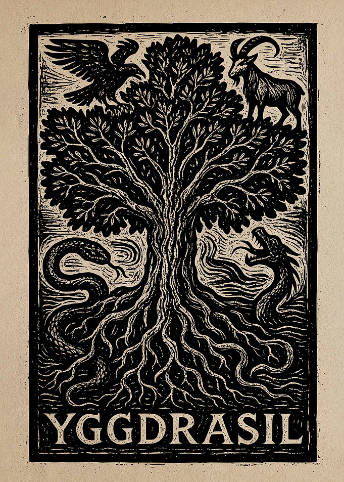 Yggdrasil Tree of Life Woodcut Art