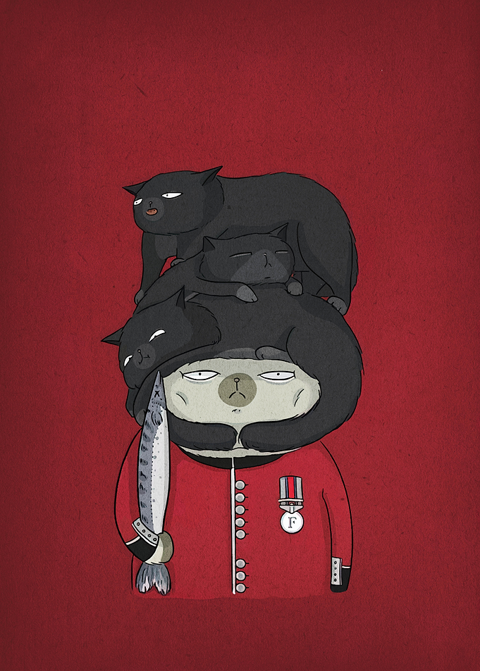Bear Grenadier Guard with Cats and Fish