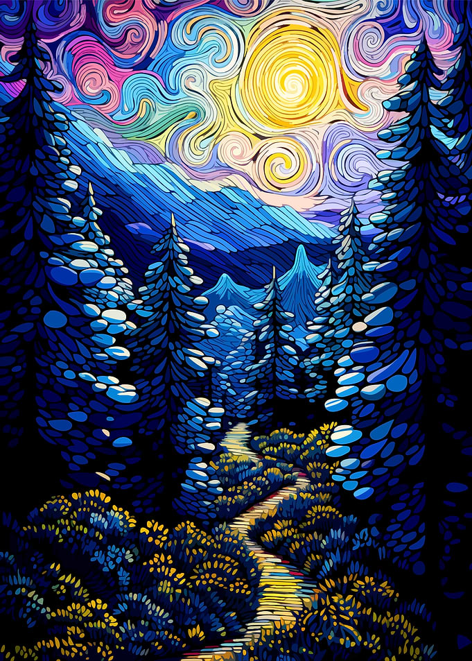 Stylized Forest Landscape with Swirling Sky