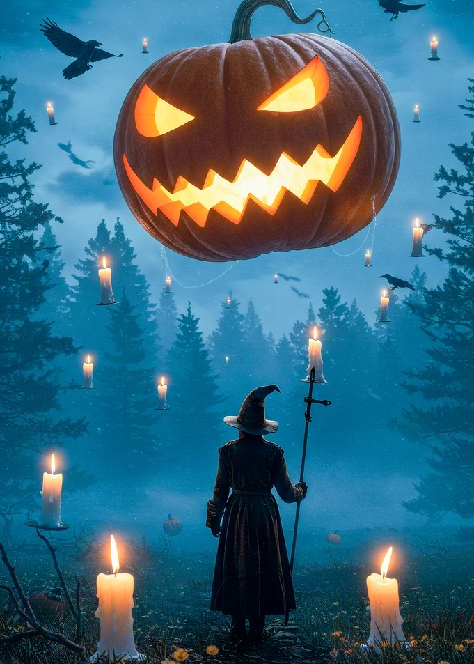 Halloween Witch with Pumpkin and Candles