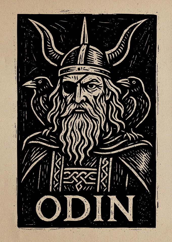 Odin Woodcut Portrait with Ravens