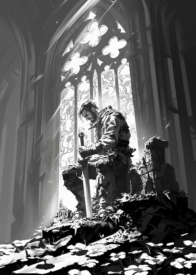 Pensive Knight in Ruined Cathedral