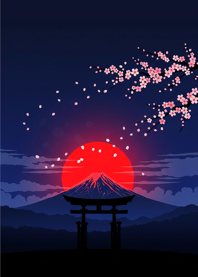 Mount Fuji Sunset with Cherry Blossoms