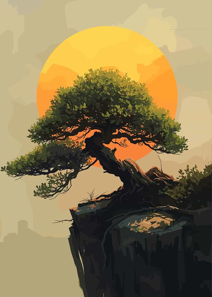 Bonsai Tree Sunset Cliff Illustration