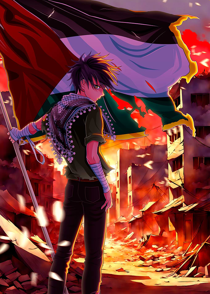 Anime Boy with Palestine Flag in Ruins