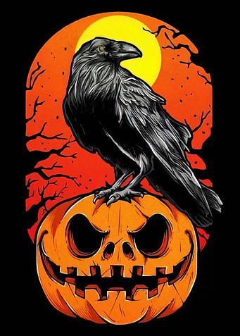 Raven on Jack-o'-lantern Halloween Illustration
