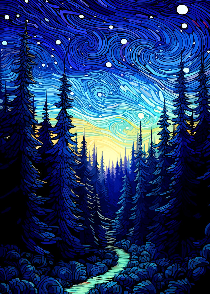 Starry Night Forest Landscape Art