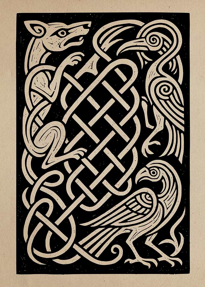 Celtic Knotwork with Wolf and Ravens