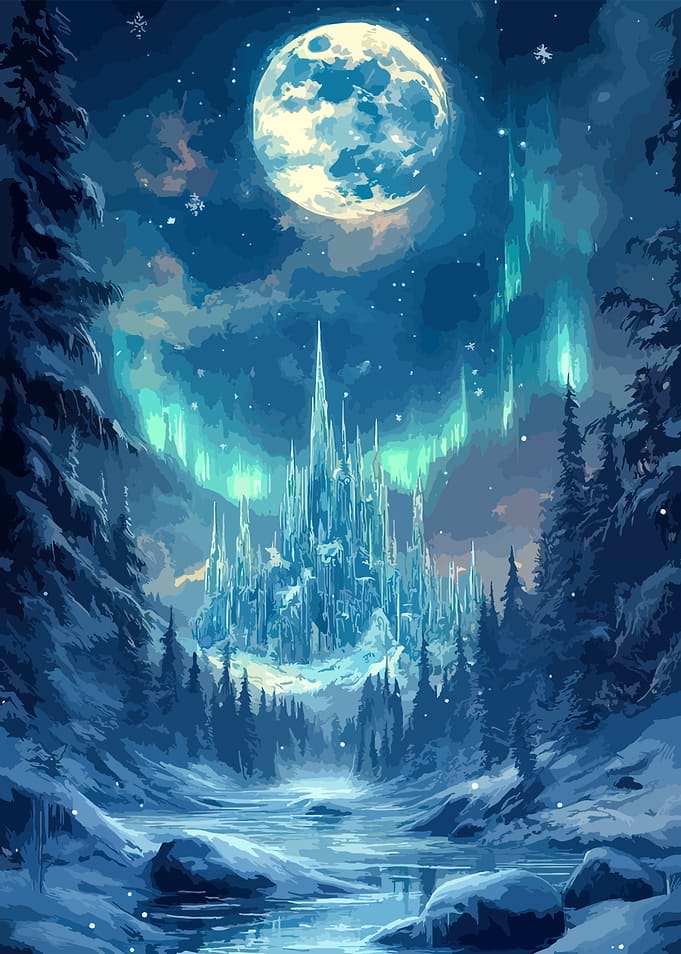 Winter landscape with ice castle and aurora