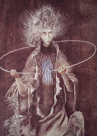 Mystical Figure with Forest and Rope remedios varo