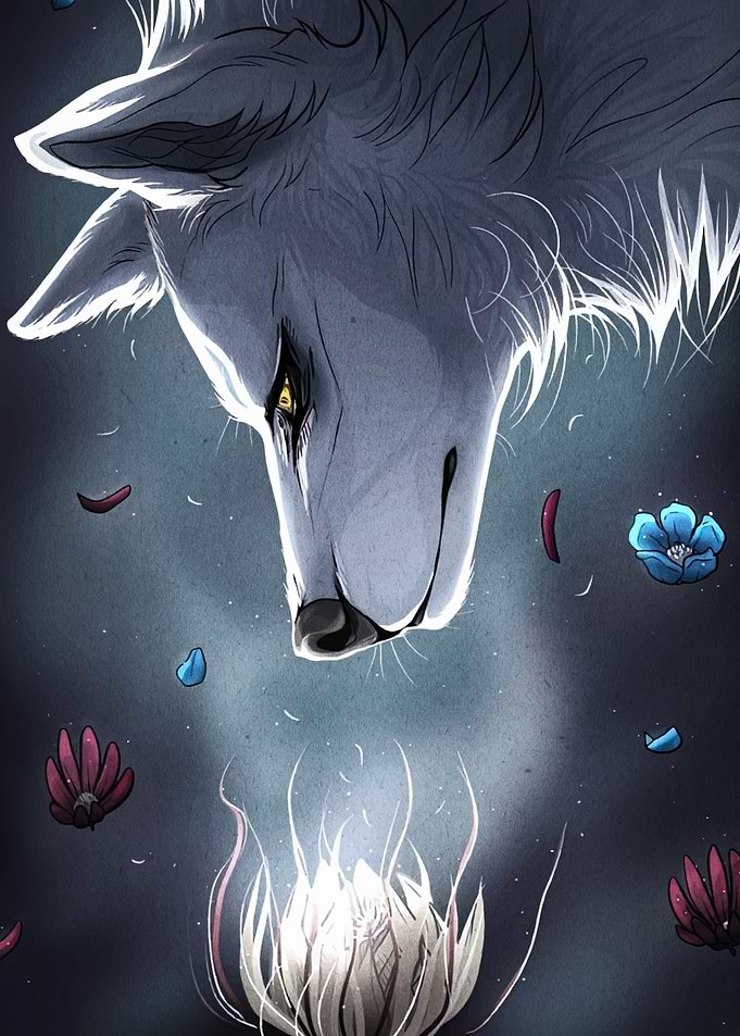 Wolf gazing at a glowing flower