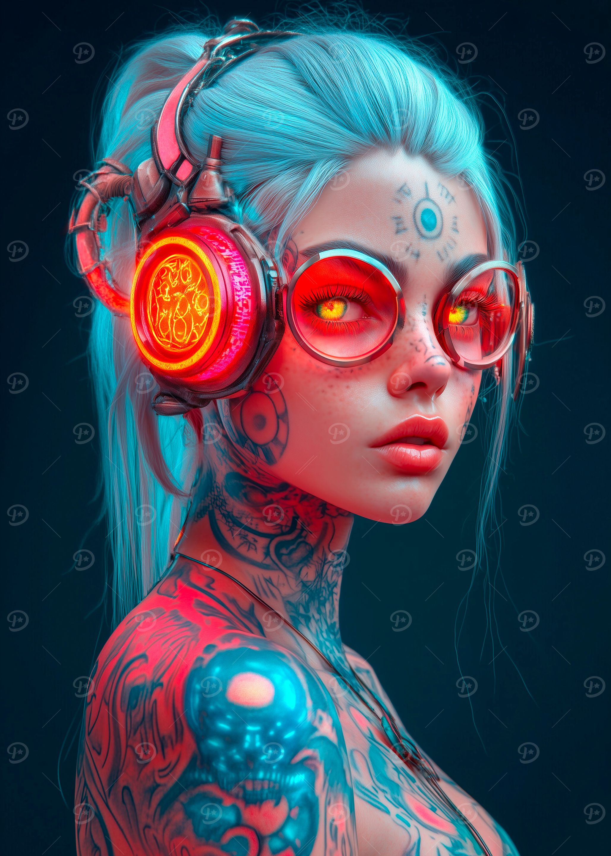 Cyberpunk Girl with Tattoos and Headphones