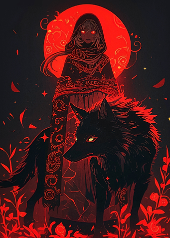 Red Moon, Hooded Figure, and Wolf