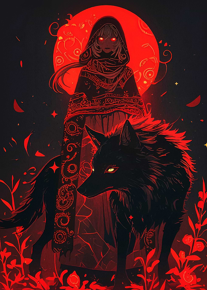 Red Moon, Hooded Figure, and Wolf