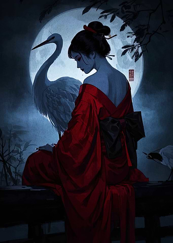 Geisha with Crane under Moonlight