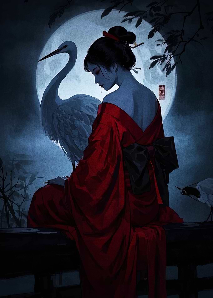 Geisha with Crane under Moonlight