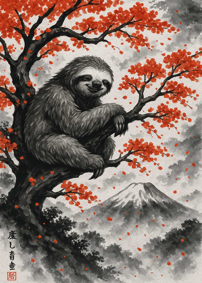 Sloth in Autumn Tree with Mountain