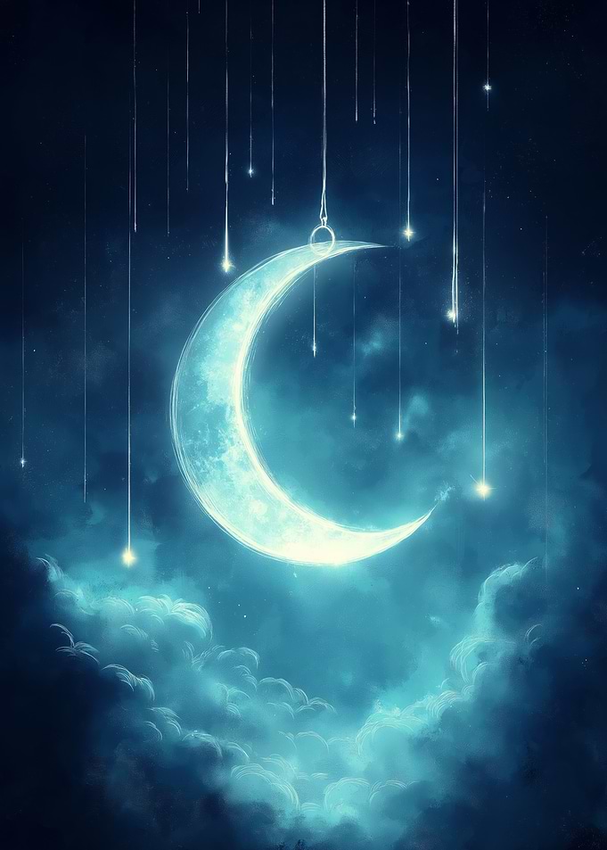 A glowing crescent moon hanging in a dark sky