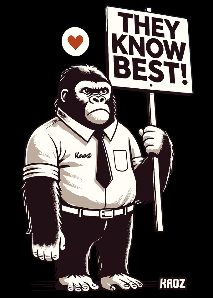 Gorilla in Office Attire with Sarcastic Sign