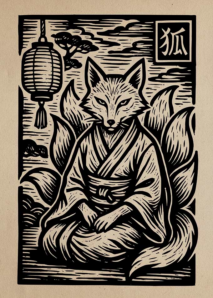 Nine-tailed Fox in Kimono Woodcut Print
