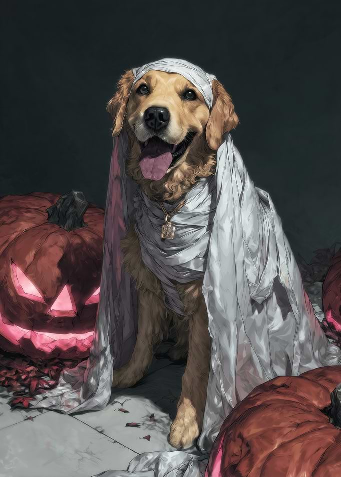 Golden Retriever Ghost with Pumpkins
