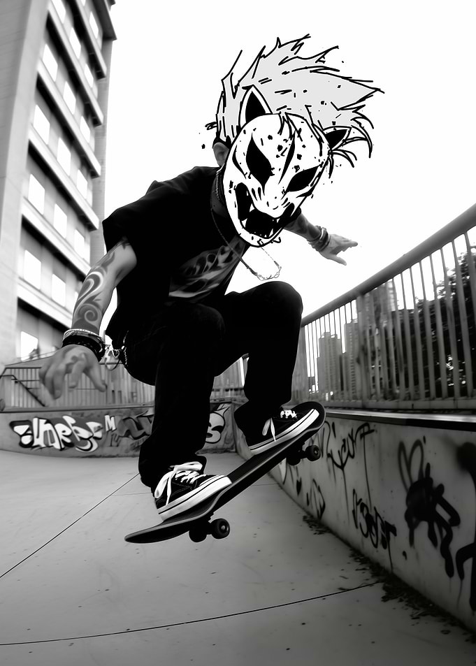 Skateboarder with Mask in Skatepark