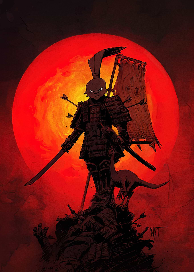 Rabbit Samurai Warrior with Red Moon