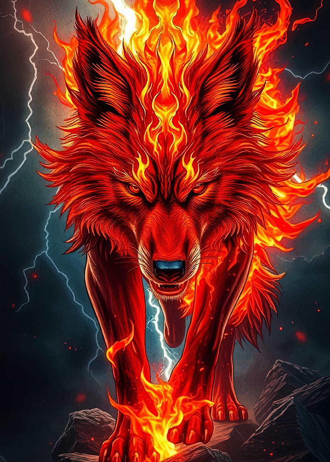Fiery Wolf with Lightning Background