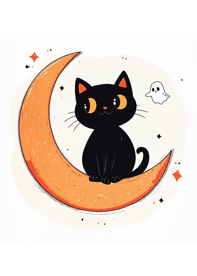 Halloween Cat on Moon Illustration