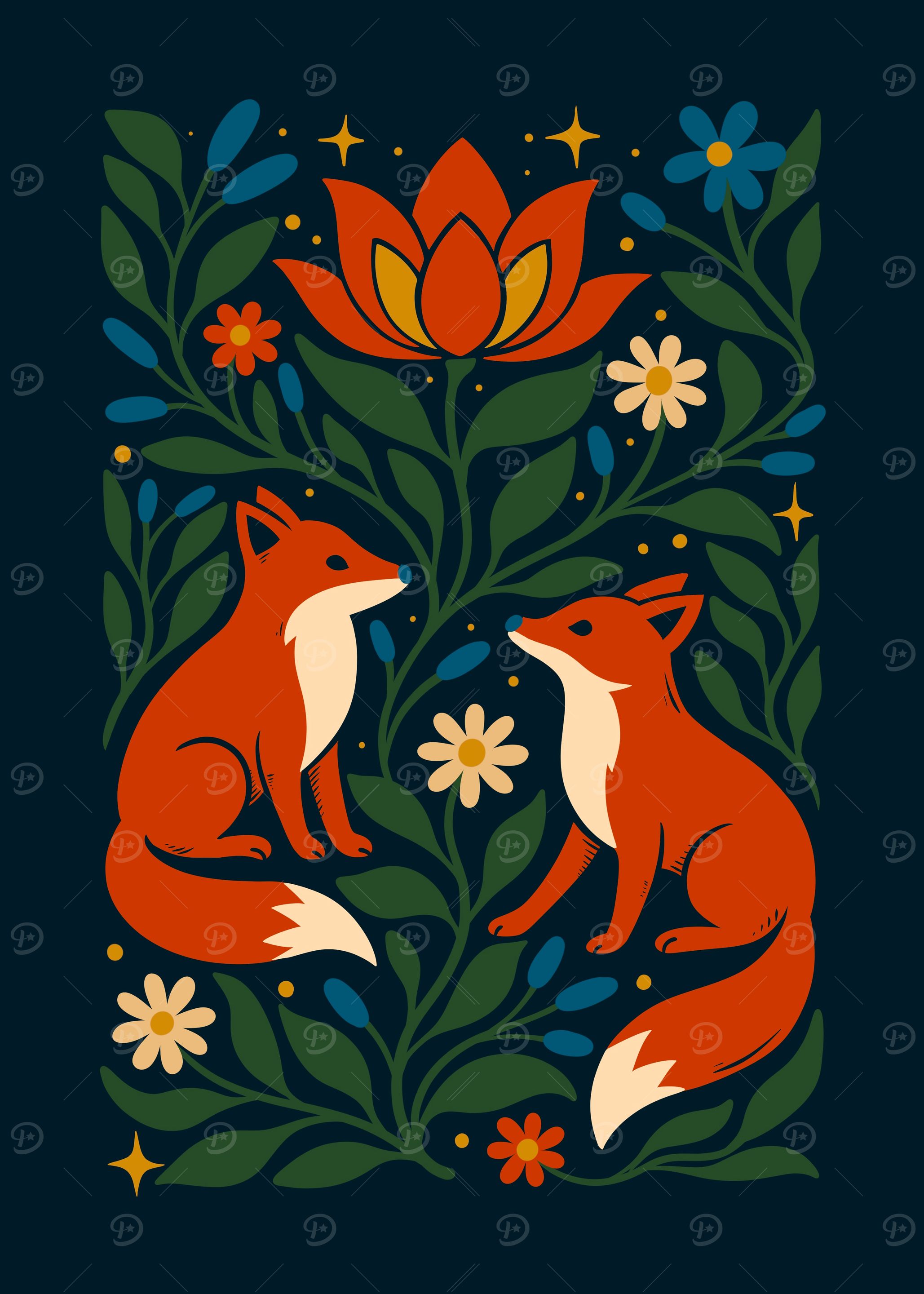 Foxes and Floral Illustration