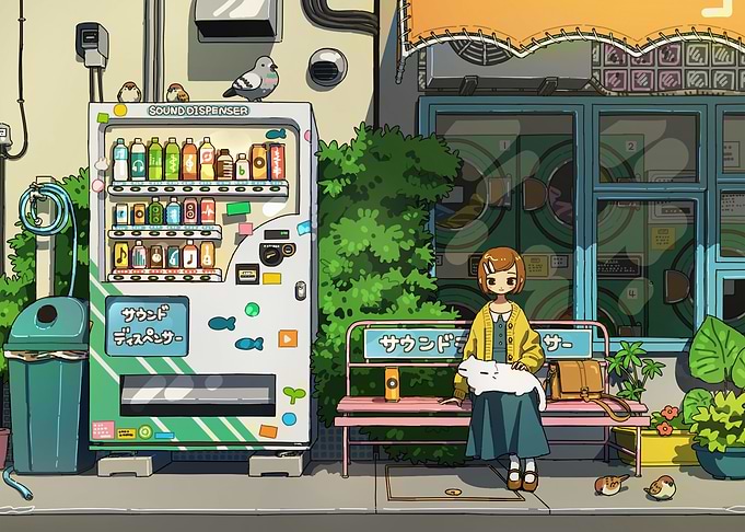 Anime girl with cat on bench