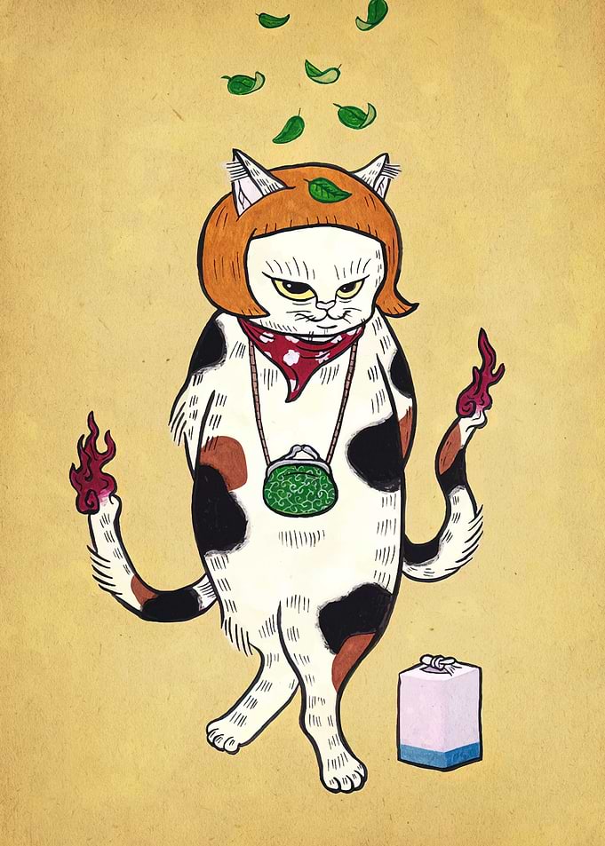 Stylized Cat with Flames and Leaves