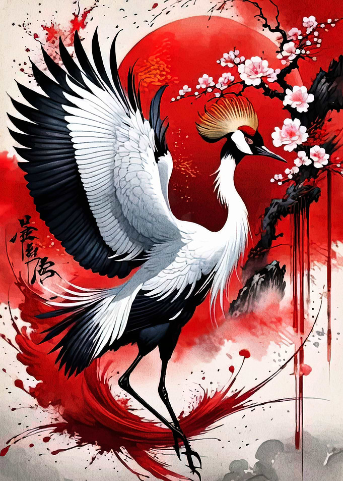 Japanese Crane with Cherry Blossoms Art