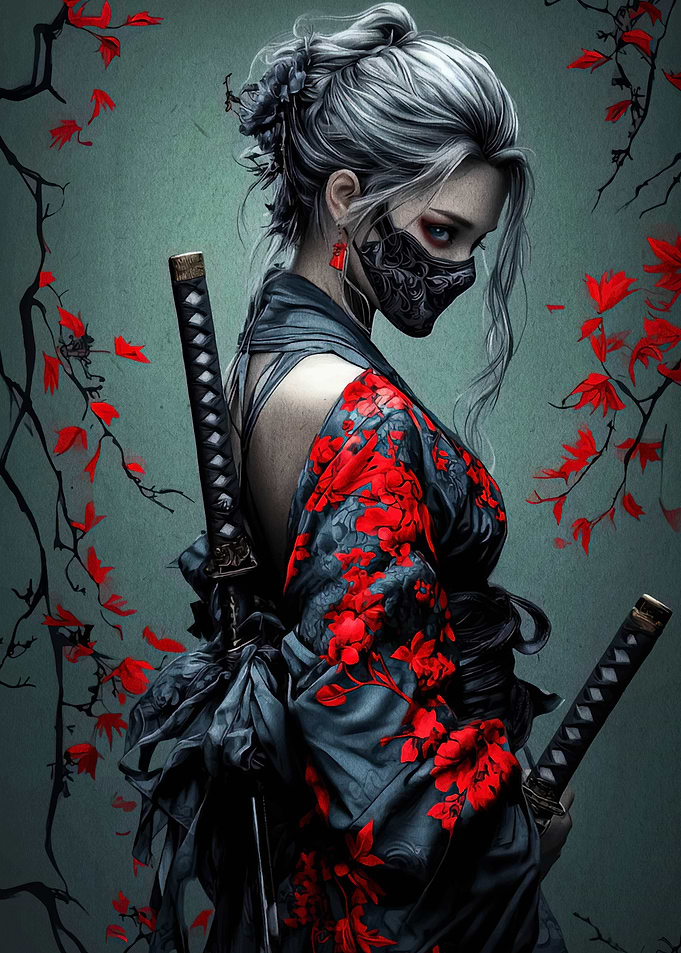 Masked Ninja Woman with Katanas