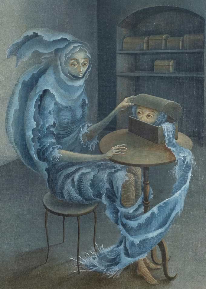 Surreal figures with box and table by remedios varo
