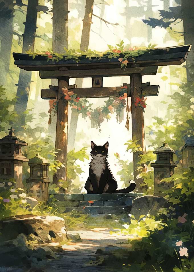 Cat at Torii Gate in Forest