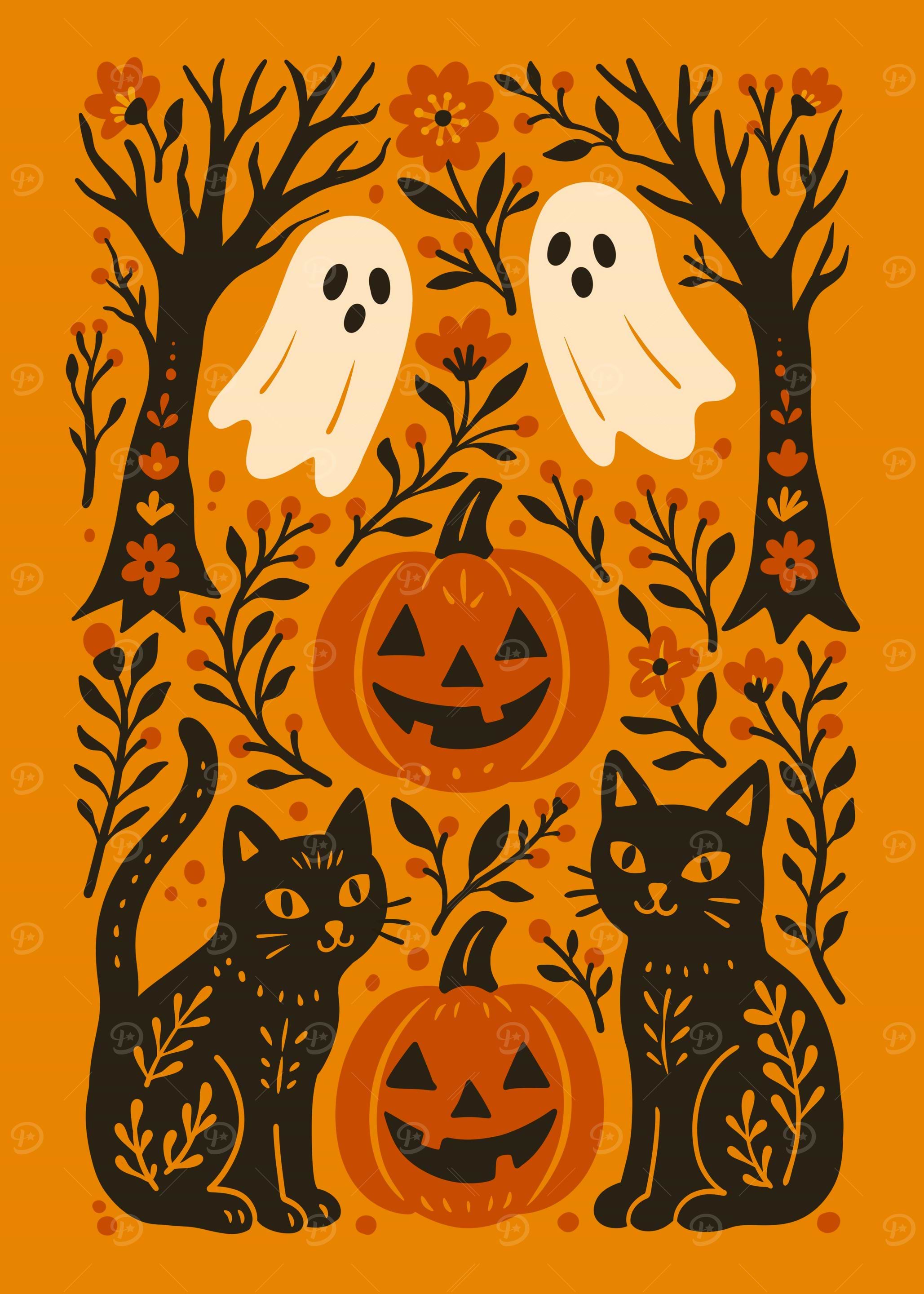 Halloween Cats, Ghosts, and Pumpkins Illustration