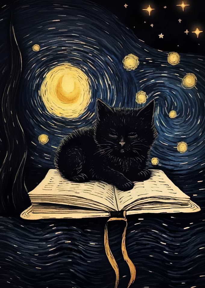Black Cat on Book, Starry Night