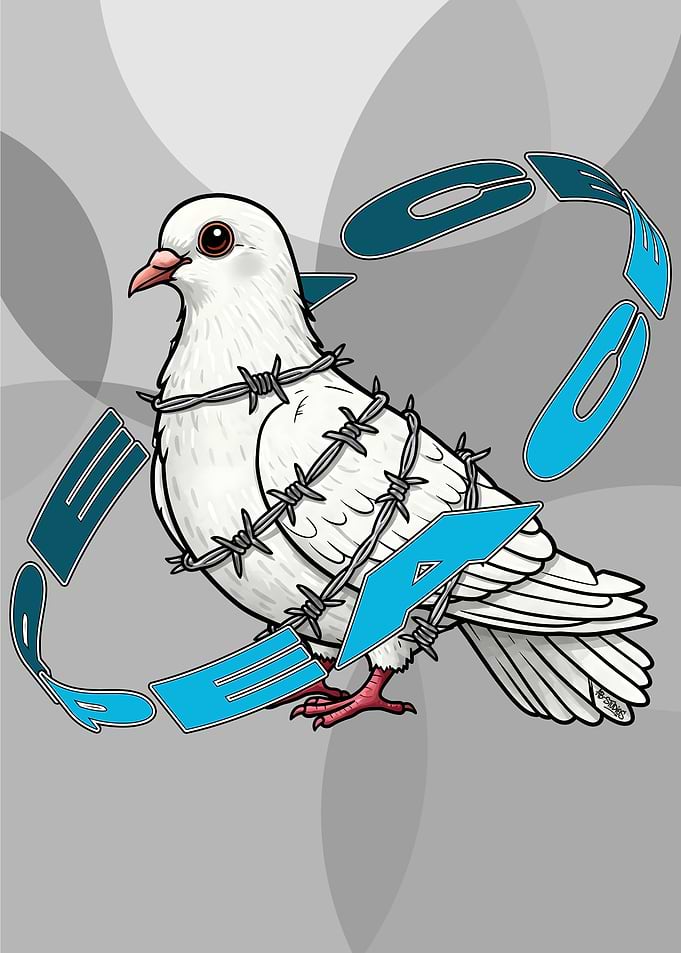 Barbed Wire Dove with 'PEACE' Text