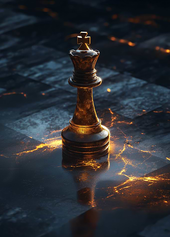 A lone king chess piece on a dark glowing board