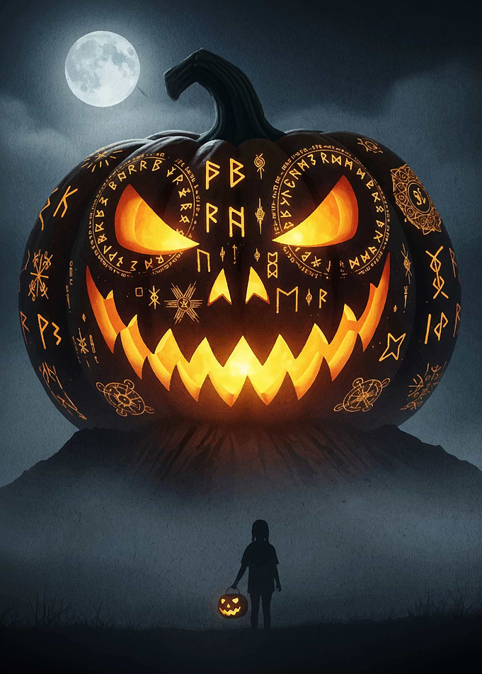 Halloween Pumpkin with Runes and Child
