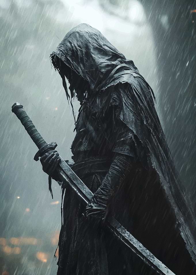 Hooded Warrior in Rain with Sword