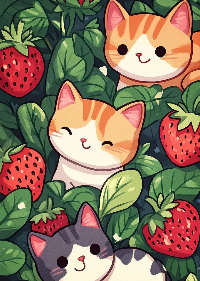 Cats and Strawberries Cartoon