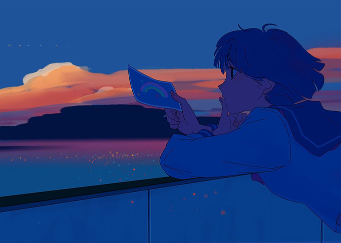 Anime Girl with Rainbow Card at Sunset