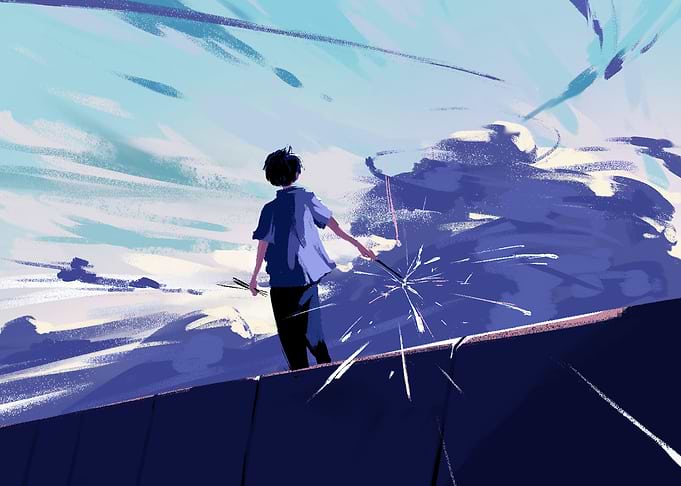 Boy with Sparkler under Cloudy Sky