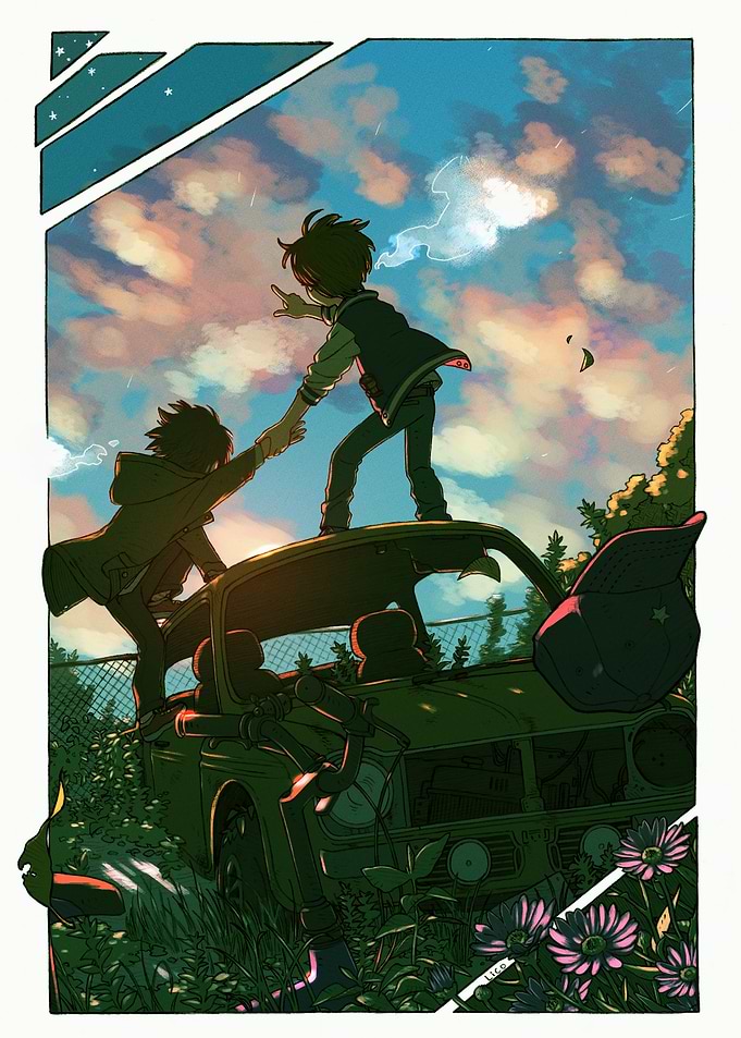 Boys on Car Roof Helping Each Other